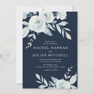 Elegant navy blue waterverf florale bruiloft kaart