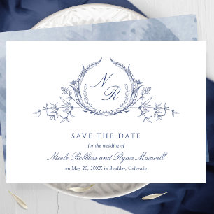 Elegant Navy Blue Waterverf Monogram Calligrafie Save The Date