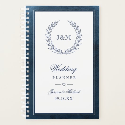 Elegant Navy Blue Waterverf Monogram Weddenschap Planner (Voorkant)