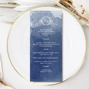 Elegant Navy Blue Waterverf, Monogram Wedding Menu