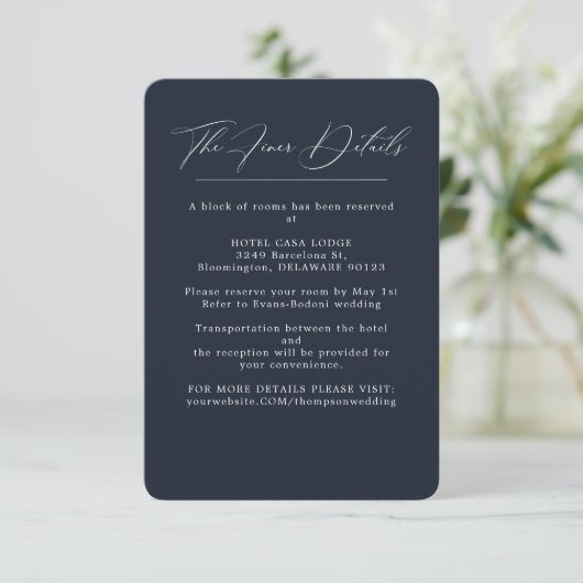 Elegant Navy Blue Wedding Details Enclosure Kaart (Staand voorkant)