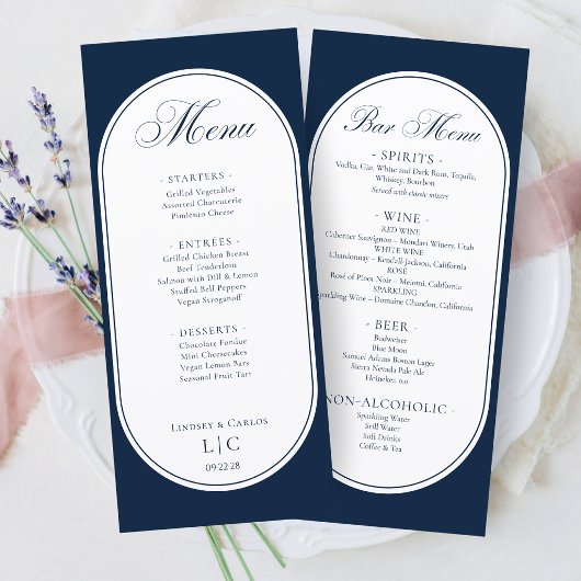 Elegant Navy Blue Wedding Dinner Menu & Bar Menu