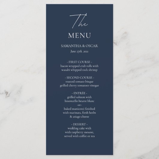Elegant Navy Blue Wedding Menu (Voorkant)