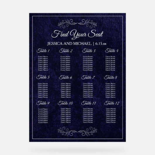 Elegant Navy Blue Wedding Seating Chart  (Recto)