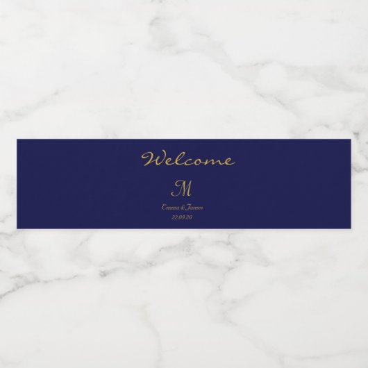 Elegant Navy Blue Welcome Script Monogram Waterfles Etiket (Enkel label)
