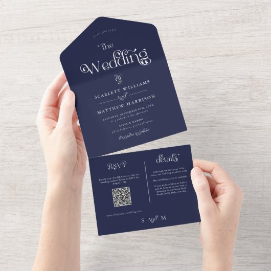 Elegant Navy Blue Whimsical Wedding All In One Uitnodiging (Afscheurbaar)
