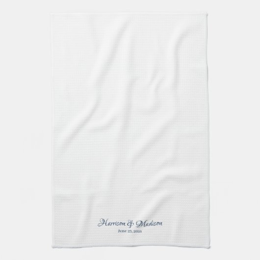 Elegant navy blue white custom script name date theedoek (Verticaal)