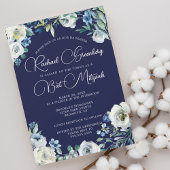 Elegant Navy Blue White Floral Modern Bat Mitzvah Kaart