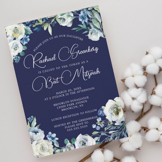 Elegant Navy Blue White Floral Modern Bat Mitzvah Kaart