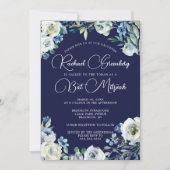 Elegant Navy Blue White Floral Modern Bat Mitzvah Kaart (Voorkant)