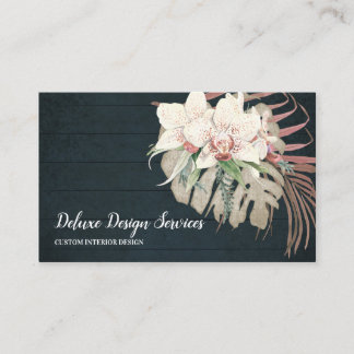 Elegant Navy Blue White Floral Orchid Greenery Visitekaartje