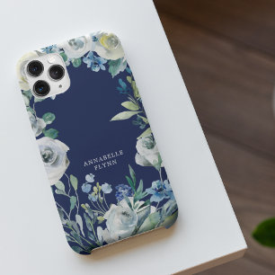 Elegant Navy Blue White Floral Winter Monogram iPhone 14 Hoesje