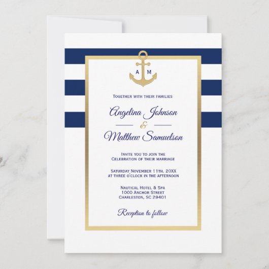 Elegant Navy Blue White Gold Nautical Wedding Kaart (Voorkant)
