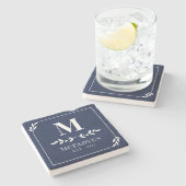 Elegant Navy Blue & White Greenery Monogram Stenen Onderzetter (Zijkant)