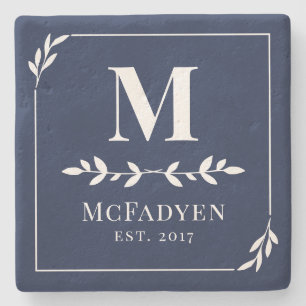 Elegant Navy Blue & White Greenery Monogram Stenen Onderzetter