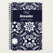 Elegant Navy Blue White Nordic Folk Floral Pattern Planner (Voorkant)