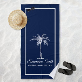 Elegant Navy Blue White Palm Tree (gepersonaliseer Strandlaken