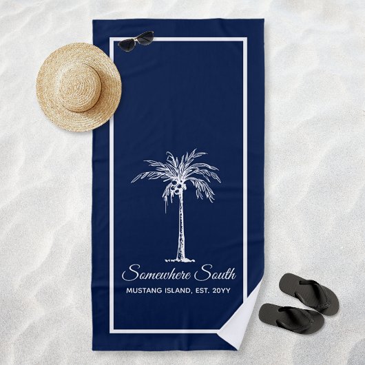 Elegant Navy Blue White Palm Tree (gepersonaliseer Strandlaken