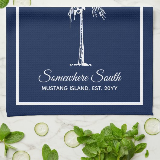 Elegant Navy Blue White Palm Tree (gepersonaliseer Theedoek (Gevouwen)