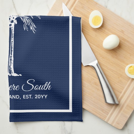 Elegant Navy Blue White Palm Tree (gepersonaliseer Theedoek (Quarter Fold)