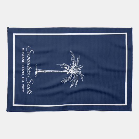 Elegant Navy Blue White Palm Tree (gepersonaliseer Theedoek (Horizontaal)