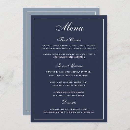 Elegant Navy Blue White Script Wedding Menu (Voorkant / Achterkant)