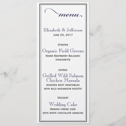 Elegant Navy Blue & White Script Wedding Menu Kaar (Voorkant)