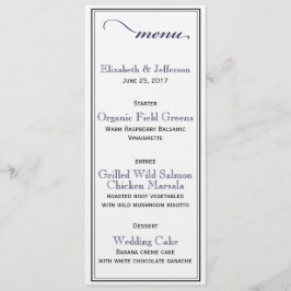 Elegant Navy Blue & White Script Wedding Menu Kaar