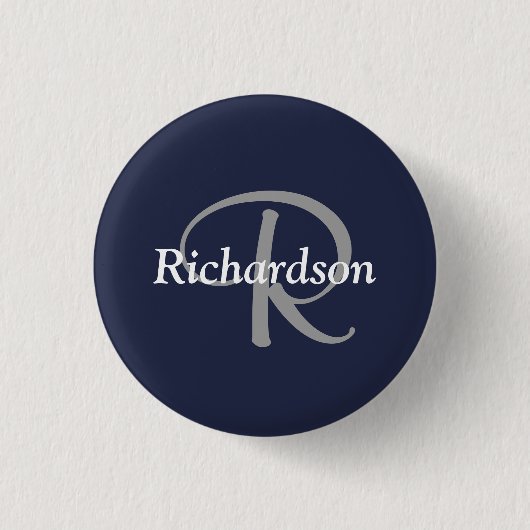 Elegant Navy Blue White Silver Grey Monogrammed Ronde Button 3,2 Cm (Voorkant)