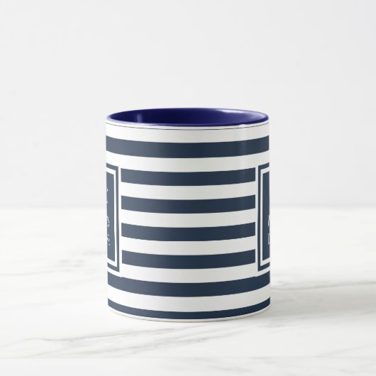 Elegant Navy Blue White Stripe Monogram Naam Mok (Midden)