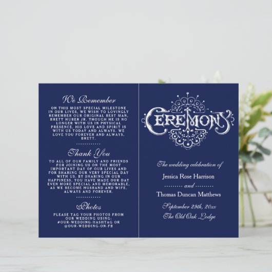Elegant Navy Blue & White Wedding Ceremony Program (Staand voorkant)