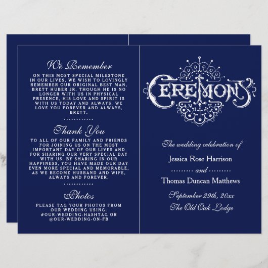 Elegant Navy Blue & White Wedding Ceremony Program (Voorkant / Achterkant)