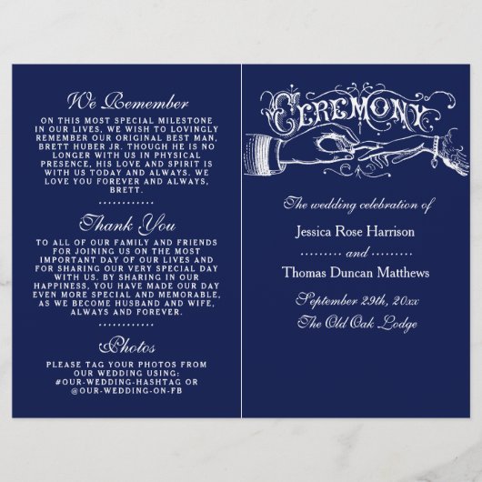 Elegant Navy Blue & White Wedding Ceremony Program (Voorkant)
