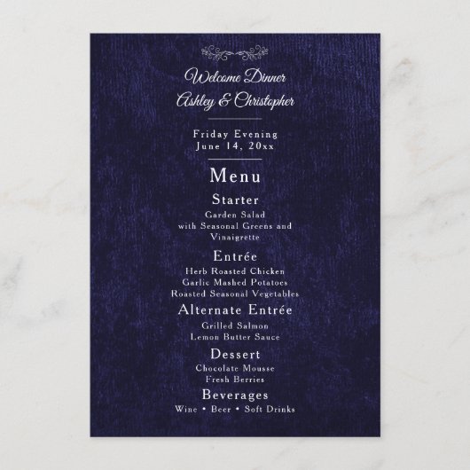 Elegant Navy Blue White Welcome Dinner Menu (Voorkant)