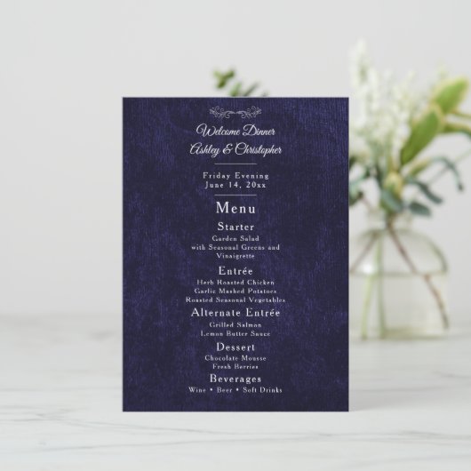 Elegant Navy Blue White Welcome Dinner Menu (Staand voorkant)