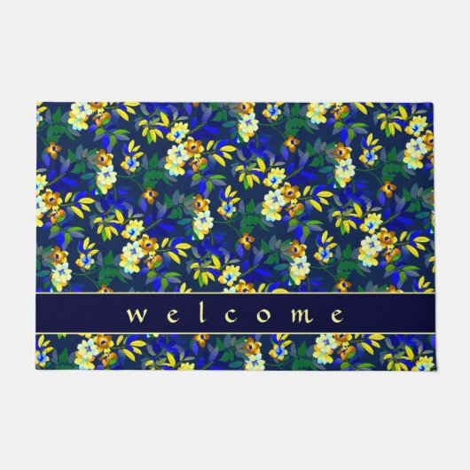 Elegant Navy Blue & Yellow Floral | Welkom Deurmat (Voorkant)