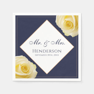 Elegant Navy Blue Yellow Rose Floral Wedding Party Servet