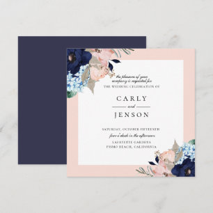 Elegant Navy + Blush Floral Wedding Invitation Kaart