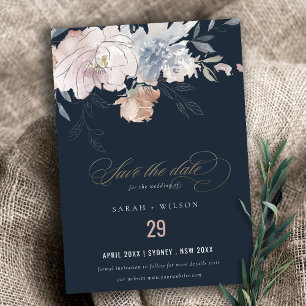 Elegant Navy Blush Waterverf Bloemen Bruiloft Save The Date