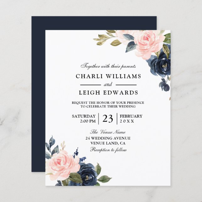 Elegant Navy Blush Wedding on a Budget Invitation (Voorkant / Achterkant)