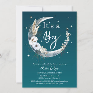 Elegant Navy Boho Pampas Grass Moon Baby shower Kaart