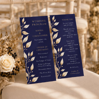 Elegant Navy Botanische Rand Huwelijksprogramma