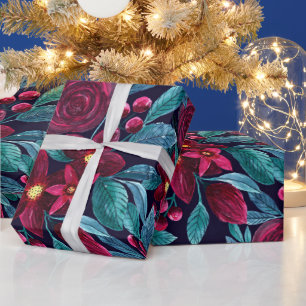 Elegant Navy Burgundy kerstFloral Waterverf Cadeaupapier