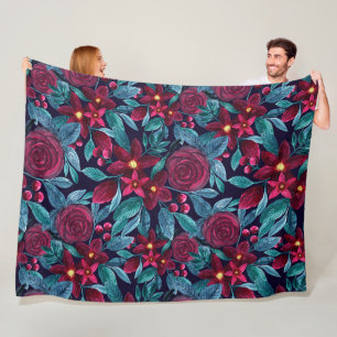 Elegant Navy Burgundy kerstFloral Waterverf Fleece Deken