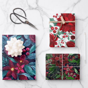 Elegant Navy Burgundy kerstFloral Waterverf Inpakpapier Vel