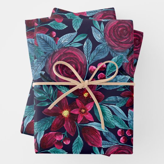 Elegant Navy Burgundy kerstFloral Waterverf Inpakpapier Vel (In situ)