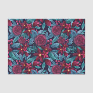 Elegant Navy Burgundy kerstFloral Waterverf Tissuepapier