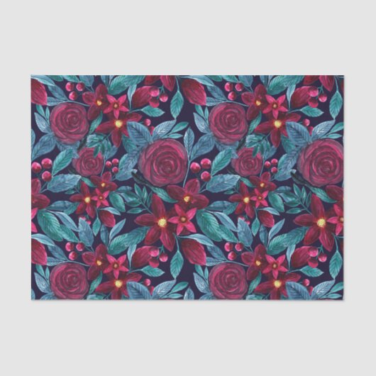 Elegant Navy Burgundy kerstFloral Waterverf Tissuepapier (Voorkant)
