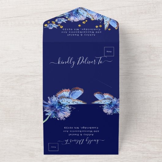 Elegant Navy Butterflies Wedding All In One Uitnodiging (Buitenkant)