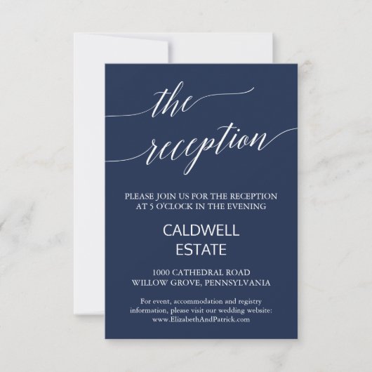Elegant Navy Calligraphy Wedding Reception Kaart (Voorkant)
